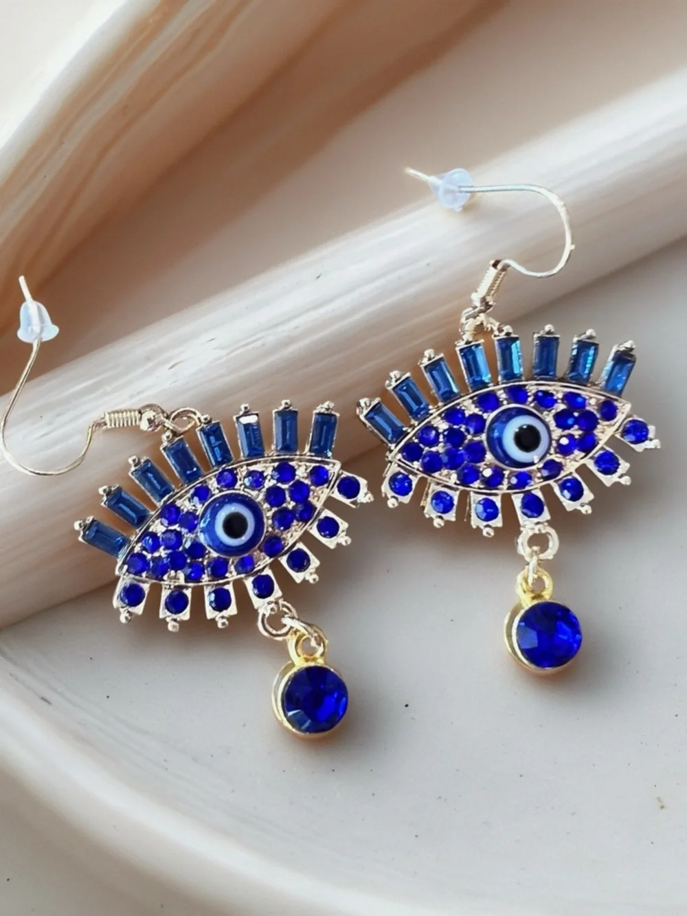 Gold-Tone Evil Eye Drop Earrings with Royal Blue Crystals - Women Jewelry
